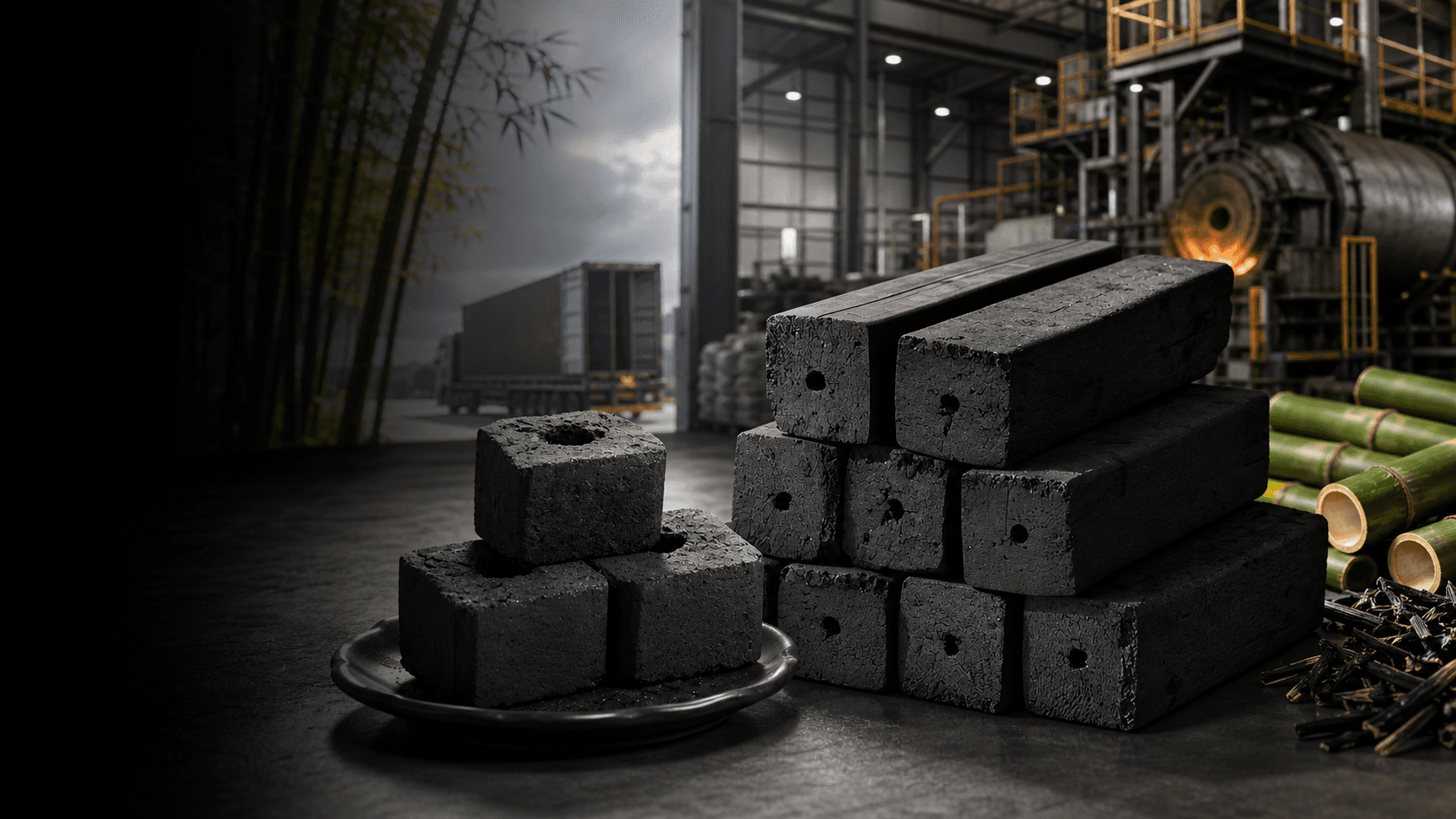 Bamboo charcoal briquettes with factory and export background